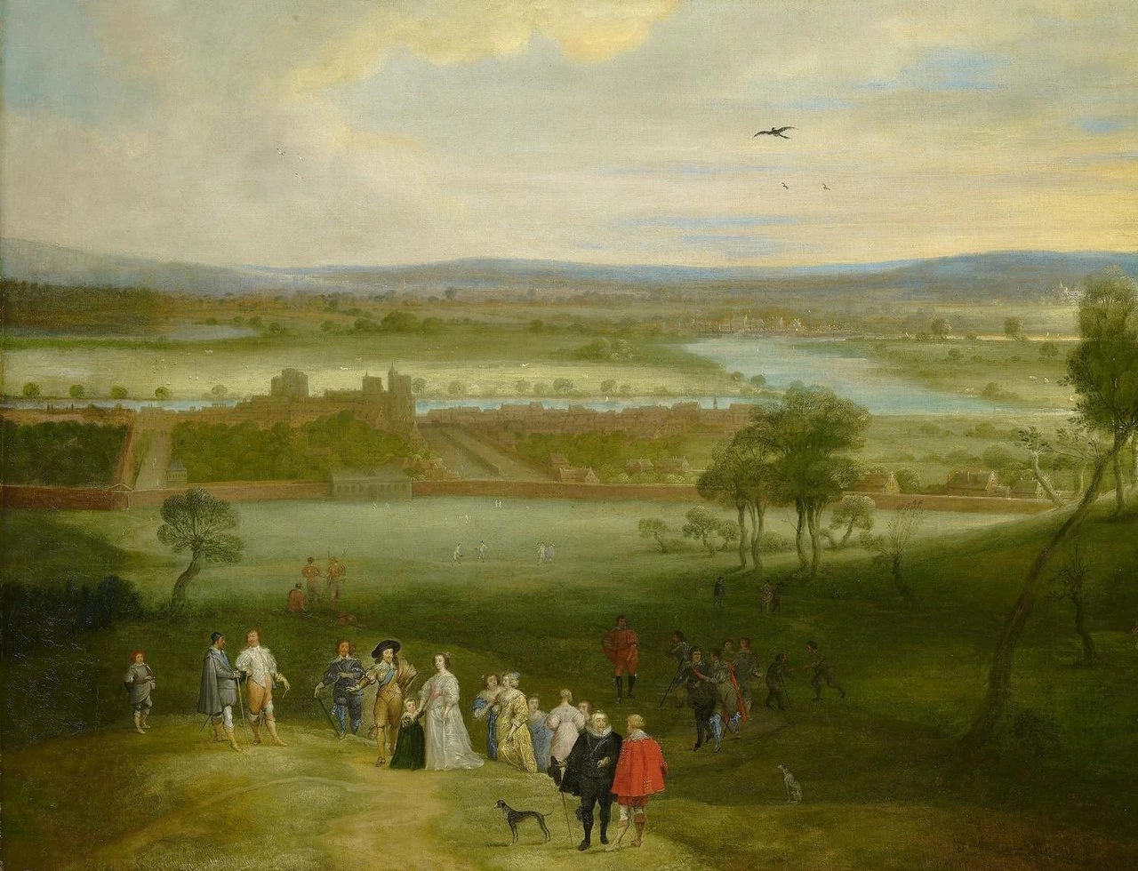 Veduta di Greenwich con Carlo I ed Enrichetta Maria tra un gruppo di cortigiani - Royal Collection